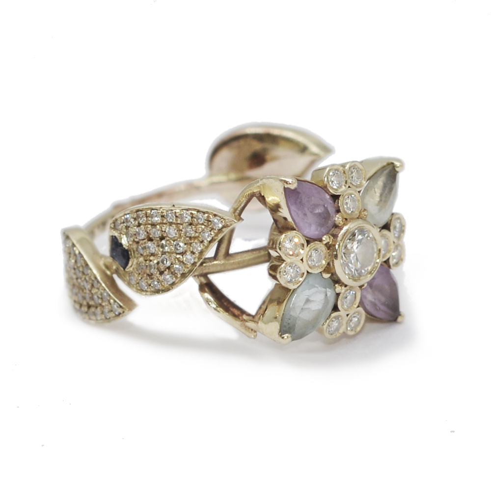 leaf flower engagement ring purple amethyst aquamarine diamond gemstone 2